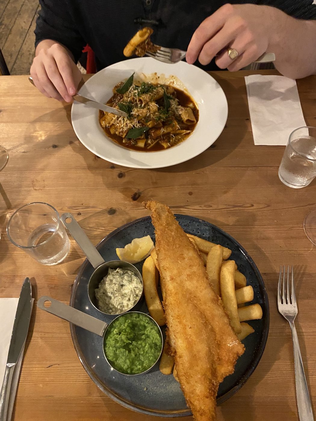 Fish and chips with mushy peas